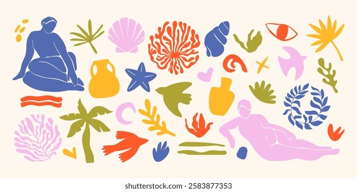 Abstract nature shapes. Organic floral minimalistic collage elements, modern botanical cut out silhouettes, creative fauvism naive plants woman body figure algae vase. Vector set