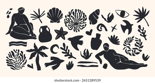 Abstract nature shapes. Organic floral minimalistic collage elements, modern botanical cut out silhouettes, creative fauvism naive plants woman body figure algae vase. Vector set.