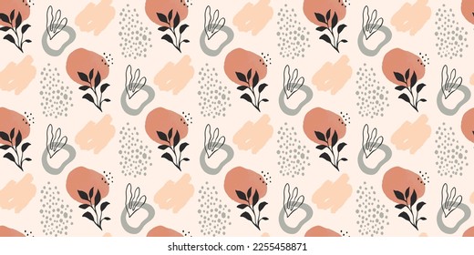 La naturaleza abstracta forma un patrón sin fisuras con hojas de plantas tropicales y doodles de pintura acuarela en tonos tierra suave. Fondo minimalista dibujado a mano, papel pintado o textura de impresión de moda.