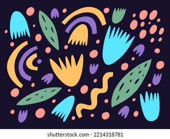Abstract nature shapes set elements. Hand drawn background and texture vector illustration. Colorful objects flower and leaves.