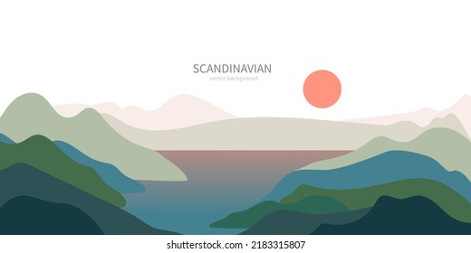 Abstract nature, sun, sea, sky, rock mountain landscape poster. Geometric landscape background in scandinavian style. Vector illustration of natural.