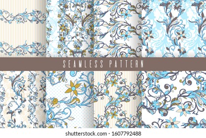 Abstract nature small seamless pattern set. Ethnic ornament, floral print, textile fabric, botanical.Vector illustration.