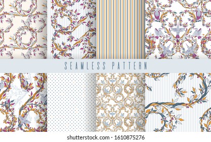 Abstract nature small seamless pattern set. Ethnic ornament, floral print, textile fabric, botanical.Vector illustration.