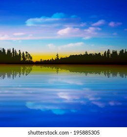 abstract nature spring background with forest lake and pink clouds