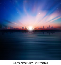abstract nature stars background with silhouette of Tallinn and sunrise