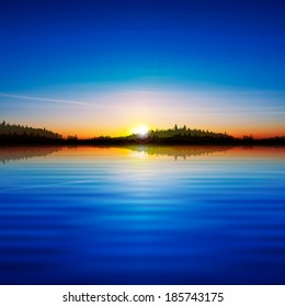 abstract nature sunrise background with forest lake