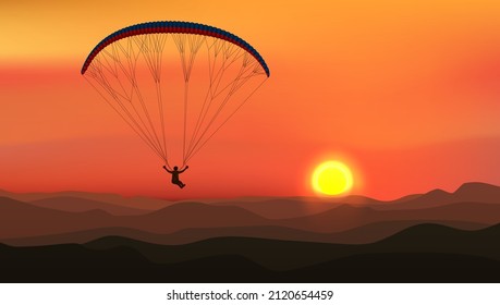 Abstract Nature Sunset Mountain Landscape With Paraglider Silhouette. EPS10 Vector
