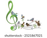 Abstract nature treble clef decorated with  notes, birds.  Light and relax music. Hand drawn vector illustration.