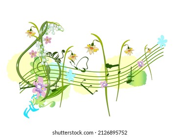 Abstract nature treble clef decorated with summer and spring flowers, notes, birds. Light and relax music. Hand drawn vector illustration.