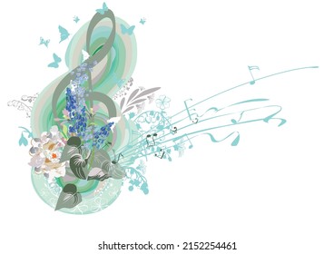 Abstract nature treble clef decorated with summer and spring flowers, notes, birds. Light and relax music. Hand drawn vector illustration.