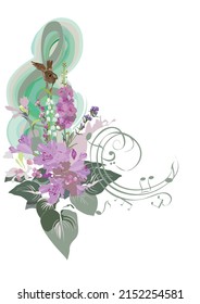 Abstract nature treble clef decorated with summer and spring flowers, notes, birds. Light and relax music. Hand drawn vector illustration.
