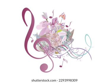 Abstract nature treble clef decorated with summer and spring flowers, notes, birds. Light and relax music. Hand drawn vector illustration.