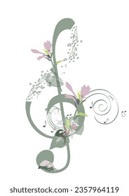 Abstract nature treble clef decorated with summer and spring flowers, notes, birds. Light and relax music. Hand drawn vector illustration.