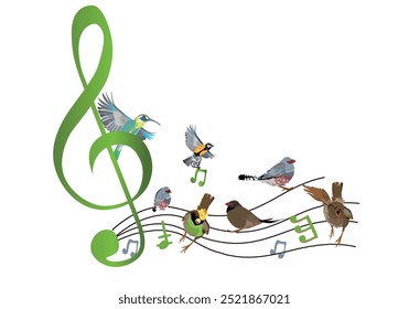 Abstract nature treble clef decorated with  notes, birds.  Light and relax music. Hand drawn vector illustration.