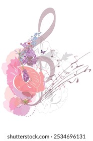Abstract nature treble clef decorated with summer and spring flowers, notes, birds. Light and relax music. Hand drawn vector illustration.