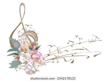 Abstract nature treble clef decorated with summer and spring flowers, notes, birds. Light and relax music. Hand drawn vector illustration.