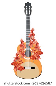 Abstract nature treble clef decorated with summer and spring flowers, notes, birds. Earth's Day. Light and relax music. Hand drawn vector illustration.