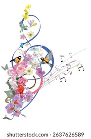 Abstract nature treble clef decorated with summer and spring flowers, notes, birds. Earth's Day. Light and relax music. Hand drawn vector illustration.
