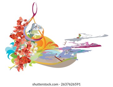 Abstract nature treble clef decorated with summer and spring flowers, notes, birds. Earth's Day. Light and relax music. Hand drawn vector illustration.