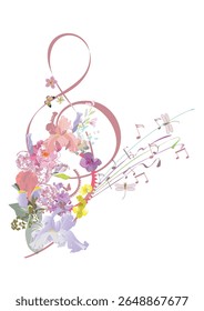 Abstract nature treble clef decorated with summer and spring flowers, notes, birds. Light and relax music. Hand drawn vector illustration.