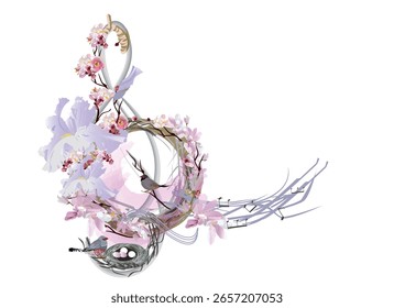 Abstrakter Naturstein mit Sommer- und Frühlingsblumen, Noten, Vögeln. Licht und entspannende Musik. Handgezeichnete Vektorgrafik.