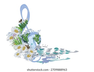Clef triplete de la naturaleza Abstractas decorado con bosque de verano y una cascada, notas, pájaros. Música ligera y relajante. Ilustración vectorial dibujada a mano.