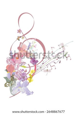 Abstract nature treble clef decorated with summer and spring flowers, notes, birds. Light and relax music. Hand drawn vector illustration.