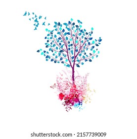 Abstract nature. Tree and flying birds. Vector illustration