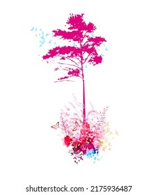 Abstract nature. Tree and flying birds. pine pink abstraction. Vector illustration