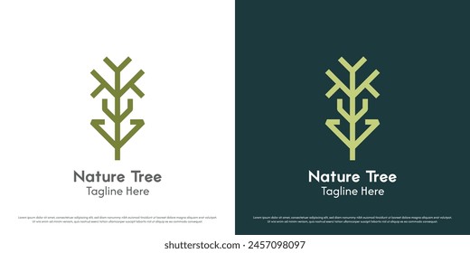 Abstract nature tree logo design illustration. Tree line silhouette green olive oak leaves leaf plant eco environmental bio fresh evergreen foliage. Modern minimalist simple icon symbol botany.