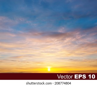 abstract nature vector background with golden sunrise and white clouds