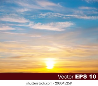 abstract nature vector background with golden sunset and white clouds