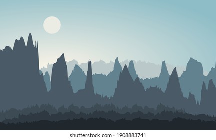 Abstract Nature Vector Illustration. Silhouette Landscape Mountain Range, Hills And Forest Background. 