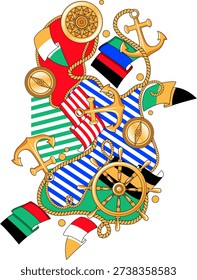 Abstract Nautical Journey Composition with Stylized Flags and Golden Maritime Icons on White Background