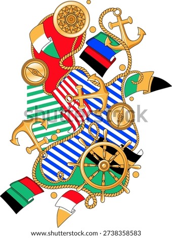 Abstract Nautical Journey Composition with Stylized Flags and Golden Maritime Icons on White Background