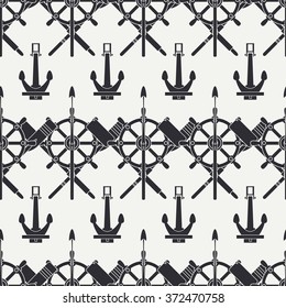 Abstract nautical seamless background pattern with anchors, steering wheel,harpoon, paddles . Vector illustration texture for design, wallpaper.