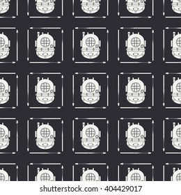 Abstract nautical seamless background pattern with harpoon and diving helmet. Vector illustration texture for design, wallpaper. Line pattern. Wrapping paper. Scrapbook. Tiling. Graphic texture.