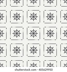 Abstract nautical seamless background pattern with steering wheel and harpoon. Vector illustration texture for design, wallpaper. Line pattern. Wrapping paper. Scrapbook. Tiling. Graphic texture.