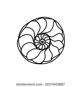 Abstract Nautilus Seashell Icon. Single Line Spiral Doodle. Hand-Drawn Minimalist Black and White Vector of a Summer Beach Treasure.