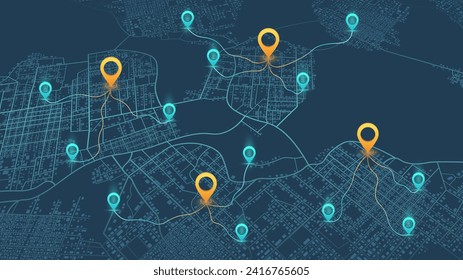 An abstract navigation plan highlights POI including city streets, blocks. City map featuring directional signs, an intended goal point, and multiple markers. Editable vector illustration