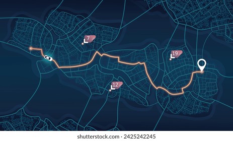 An abstract navigation plan highlights POI including city streets, blocks. City map featuring directional signs, an intended goal point and multiple markers. Editable vector illustration