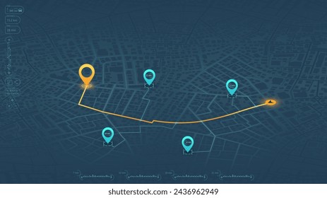 An abstract navigation plan highlights POI including city streets, blocks. City map featuring directional signs, an intended goal point and multiple markers. Editable vector illustration