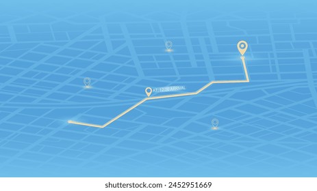 An abstract navigation plan highlights POI including city streets, blocks. City map featuring directional signs, an intended goal point and multiple markers. Editable vector illustration