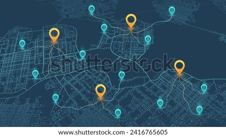 An abstract navigation plan highlights POI including city streets, blocks. City map featuring directional signs, an intended goal point, and multiple markers. Editable vector illustration