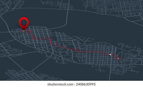 Abstract navigation plan. Rout, location marked with pin on isometric city map. Navigation pin. Generic city map with signs of streets, roads and house. Editable vector illustration, map background.