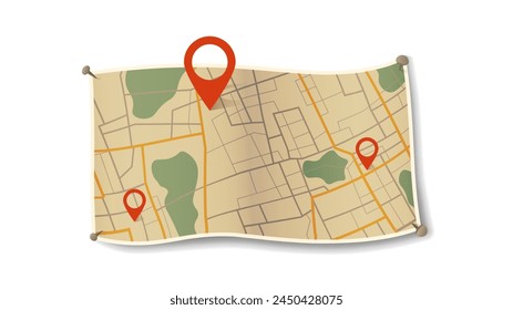 Abstract navigation plan of small urban area with pins. Generic city map. Simple scheme on paper with signs of streets, roads and parks. Vector illustration on white background