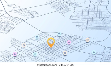 Abstract navigation plan of urban area. Simple scheme of city with poi and markers on the map. Infrastructure marker. Vector, illustration, background