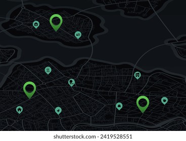 Abstract navigation plan of urban area. Simple scheme of city with poi and markers on the map. Infrastructure marker. Vector, illustration, background