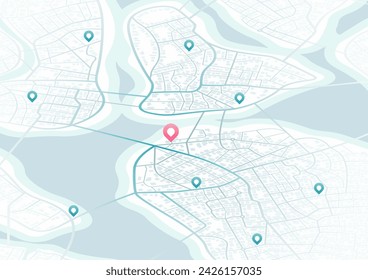 Resumen del plan de navegación de la zona urbana. Mapa general de la ciudad que indica calles, carreteras y edificios. Amplio esquema de la ciudad con puntos de interés. Ilustración vectorial editable plana de color