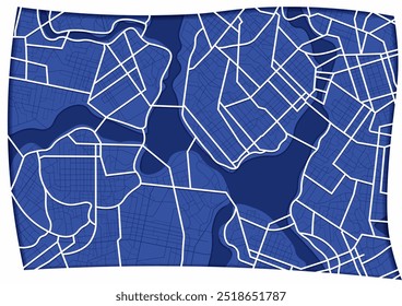 Abstract navigation plan of the urban area depicted and highlighted roads. Concept of planning and mapping a travel route using a general city map. Flat vector illustration